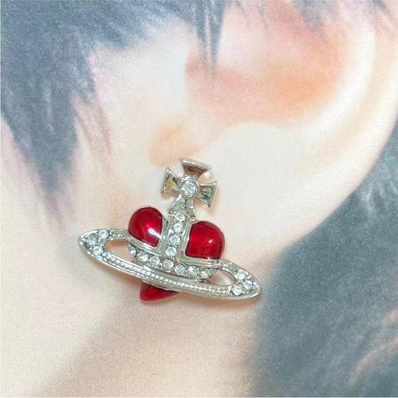 NWT! Vivienne Westwood Diamante Red Heart Orb Earrings Silver Outlet authentic - Picture 4 of 6